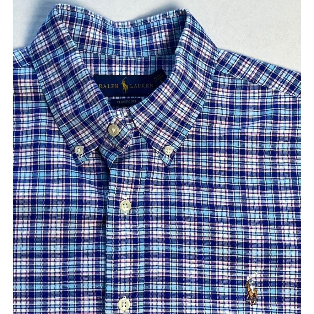Ralph‎ Lauren Button Down Shirt Mens M Blue Pink Plaid Classic Fit Short Sleeve
